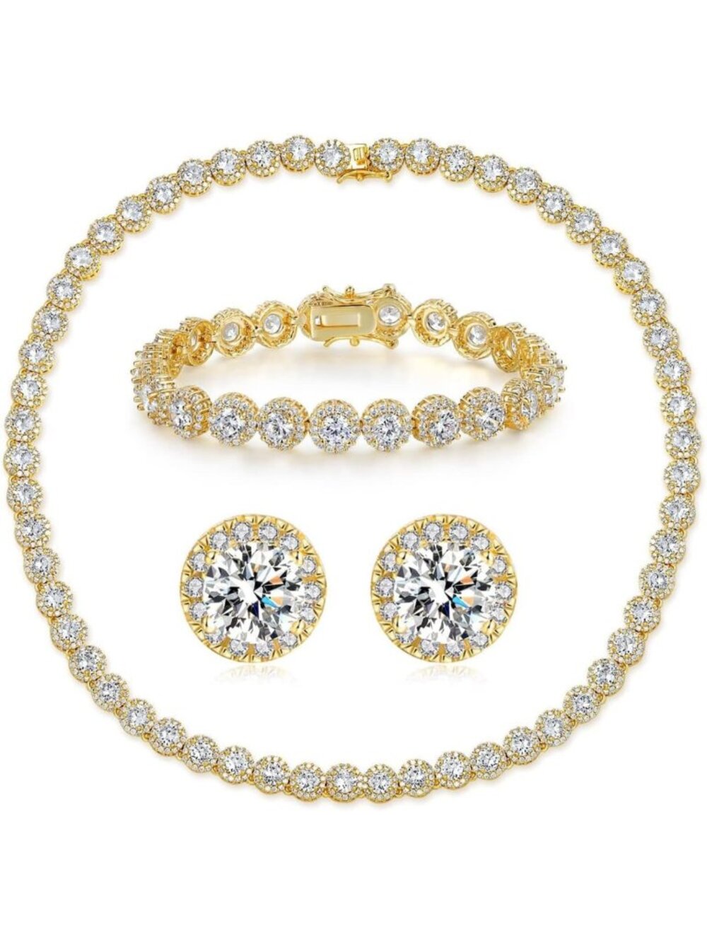 Elegant 18K White Gold Plated Tennis Jewelry Set - Necklace, Bracelet & Earrings